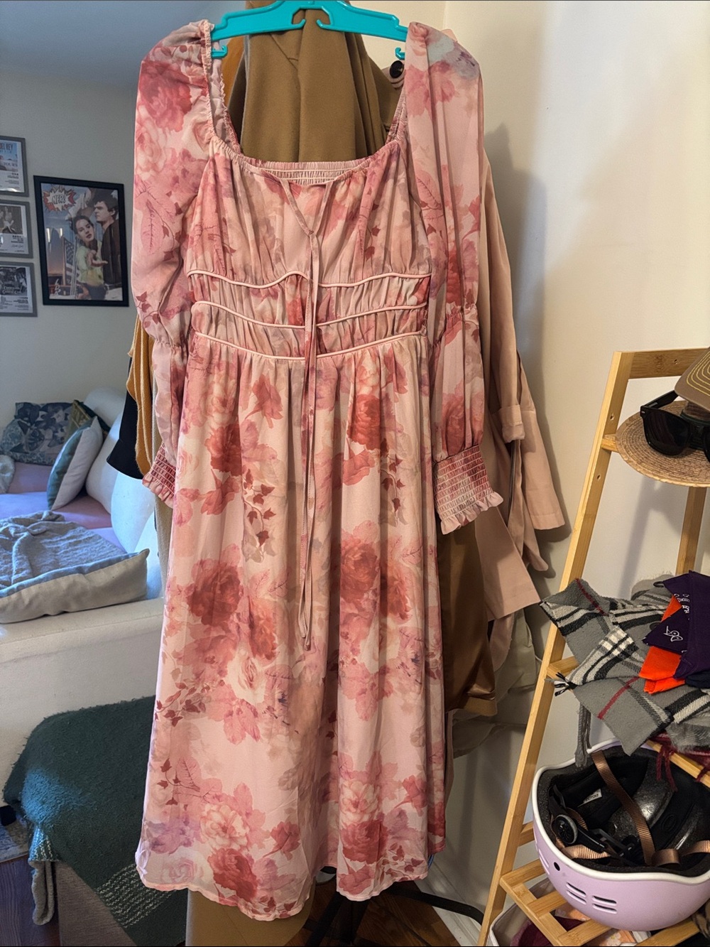 Rose-Print Pink Midi Dress with Ruffle Details